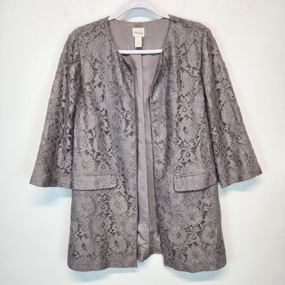 Chicos 1 Lace Lady Jacket Topper Size M 8 Gray Silver Open Front 3/4 Sleeve - Picture 1 of 12